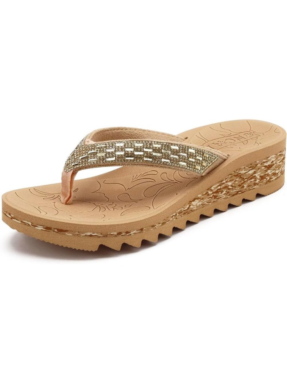 Women's Beige Summer Comfortable Wedge Flip Flop with Rhinestone Walking Sandals
